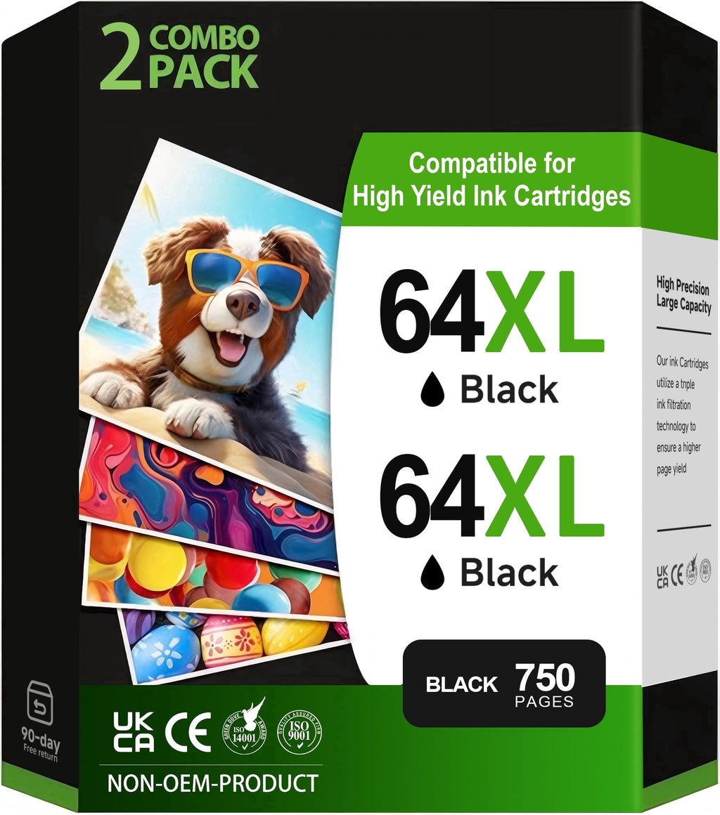 64XL Black Ink Cartridges Compatible for hp 64XL Ink Cartridges Combo for HP ENVY Photo 7858 7855 7155 7255e (2 Black)